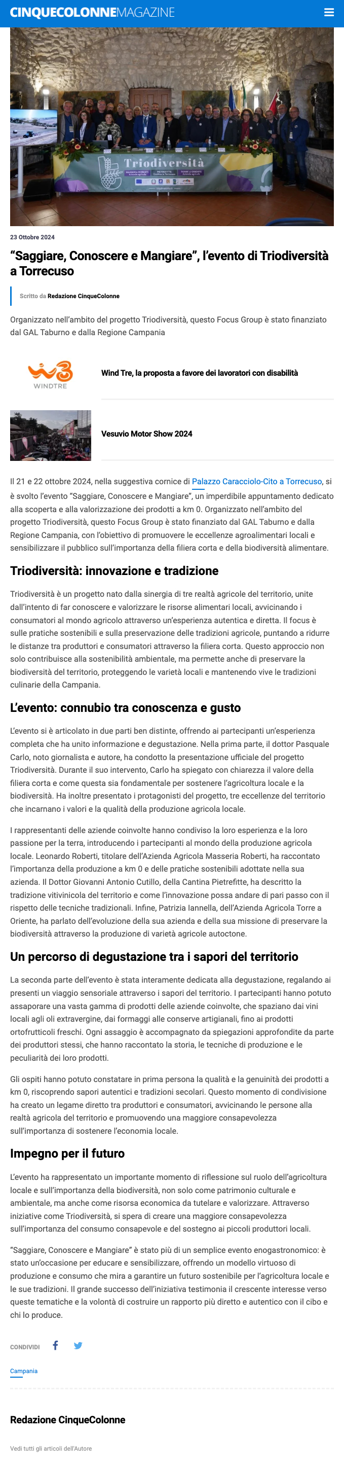 "Saggiare, Conoscere e Mangiare" l’evento di Triodiversità a Torrecuso